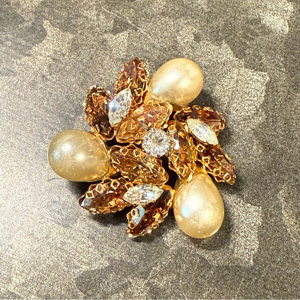 VTG Schoffel & Co Crown Austria Star Rhinestone Brooch Pearl Gold Tone Pin Mark